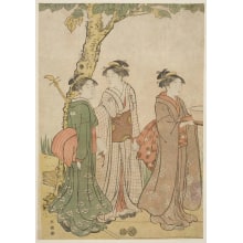 Estampe japonaise "Three Women Beside a Kiri Tree at a Boat Landing" par Katsukawa Shuncho, 勝川春潮 (Katsukawa Shunchō 勝川 春潮)