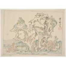 Estampe japonaise "Frogs And Porous Tufa" par Kawanabe Kyosai, 河鍋暁斎 (Kawanabe Kyosai)