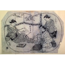 Omori Yoshikiyoによる浮世絵「The Courtesans Echizen Writing on Letter Paper and Kinko Arranging the Hair of a Young Man-album illustration from an unidentified album [possibly (Keisei) Midare Fuji]」