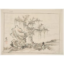 Estampe japonaise "A Sea Shore View of a Jagged Rock and a Tree with Moss Hanging from its Branches" par Kawanabe Kyosai, 河鍋暁斎 (Kawanabe Kyosai)
