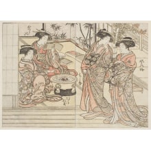 Japanischer Druck "Four Young Women Of O Tawara-Ya" von Katsukawa Shunsho, 勝川春章 (Katsukawa Shunshō 勝川 春章, Kitao Shigemasa 北尾 重政)