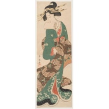 Japanese Print "Geisha Tying her Sash while Holding a Roll of Tissues Between Her Teeth" by Katsukawa Shunsen, 勝川春扇 (Katsukawa Shunsen 勝川 春扇)