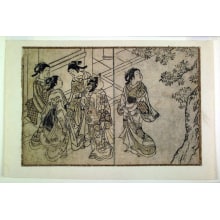 Japanese Print "A Matron and Four Young Women Viewing Cherry Blossoms near a Shrine-double-page illustration from an unidentified book" by Nishikawa Sukenobu, 西川祐信 (Nishikawa Sukenobu)