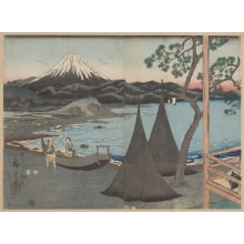 Estampe japonaise "A View of Tago on the Sea: The Fisherman's Nets and Boat on the Beach" par Utagawa Hiroshige, 歌川広重 (Utagawa Hiroshige I 歌川 広重)
