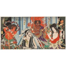 Japanese Print "Scene Below the Nachi Mountain Waterfall: Mongaku Shonin (Endo Morito) Saved by Fudo Myoo, and his Attendants Seitaka-doji and Kongara-doji" by Toyohara Kunichika, 豊原国周 (Toyohara Kunichika 豊原 国周)