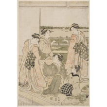 Japanese Print "A Group of Five Women in a House on the Bank of the Sumidagawa" by Katsukawa Shuncho, 勝川春潮 (Katsukawa Shunchō 勝川 春潮)
