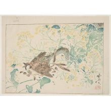 Estampe japonaise "Mustard Flowers and a Snake Catching a Russet Sparrow" par Kawanabe Kyosai, 河鍋暁斎 (Kawanabe Kyosai)