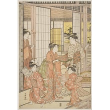 Japanischer Druck "Three Women and Two Girls at an Iris-Viewing Party in a Great House" von Katsukawa Shuncho, 勝川春潮 (Katsukawa Shunchō 勝川 春潮)