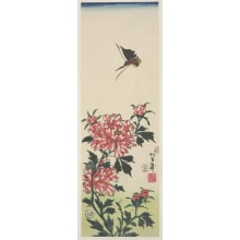 Taguchi Yoshimoriによる浮世絵「Pink Peonies And A Butterfly Overhead」