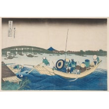 Japanese Print "Viewing the Sunset over Ryōgoku Bridge from the Onmaya Embankment" by Katsushika Hokusai, 葛飾北斎 (Katsushika Hokusai 葛飾 北斎)