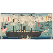 Estampe japonaise "Picture of a Great Ship from America: In the Distance, Exact Copies of Great Ships of the Five Nations" par Ochiai Yoshiiku, 落合芳幾 (Utagawa Yoshiiku 歌川 芳幾)