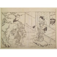 Japanese Print "The First Snow of Winter-double-page illustration (sheets 16-17)" by Nishikawa Sukenobu, 西川祐信 (Nishikawa Sukenobu)