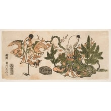 Japanese Print "Fukurokuju and a Crane, Impersonating Okina and Sanbaso" by Tomikawa Fusanobu