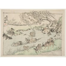 Japanischer Druck "People Mounted on Oxen Fording a River in the Mountains" von Kawanabe Kyosai, 河鍋暁斎 (Kawanabe Kyosai)