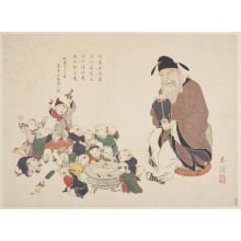 Japanischer Druck "Kwaku Shigi Looking At A Group Of Small Boys Who Are Playing About A Large Tank Filled With Goldfish" von Shunkei