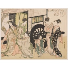 Japanischer Druck "A Noble Lady And Her Retinue Under A Blossoming Cherry Tree" von Kitagawa Utamaro, 喜多川歌麿 (Kitagawa Utamaro I 喜多川 歌麿)