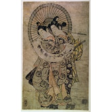 Torii Kiyohiro, 鳥居清廣 (Torii Kiyohiro 鳥居 清広)创作的日本版画《Lovers Walking in the Snow Sheltered by an Umbrella》