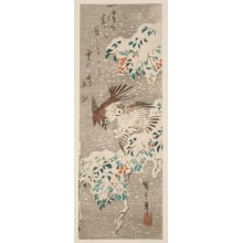 Japanischer Druck "Nantina and Russet Sparrows in Falling Snow" von Utagawa Hiroshige, 歌川広重 (Utagawa Hiroshige I 歌川 広重)