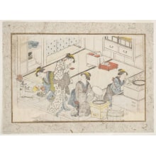 Japanischer Druck "Women Cooking in the Kitchen" von Katsukawa Shuncho, 勝川春潮 (Katsukawa Shunchō 勝川 春潮)