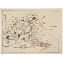 Kawanabe Kyosai, 河鍋暁斎 (Kawanabe Kyosai)による浮世絵「Orchids And A Piece Of Tufa In A Shallow Pottery Bowl, And A Crab On The Floor Beside It」