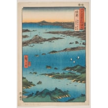 Japanischer Druck "Mutsu: A Rough Map of Matsushima Scenery and a View of Mt. Tomi" von Utagawa Hiroshige, 歌川広重 (Utagawa Hiroshige I 歌川 広重)