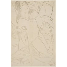 Japanese Print "A Woman Crouching Down Beside Her Bed" by Katsukawa Shunsen, 勝川春扇 (Katsukawa Shunsen 勝川 春扇)