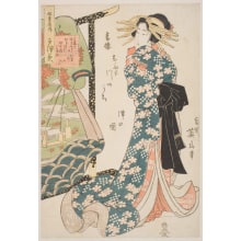 Japanischer Druck "The Courtesan Katsumi Of Matsuba-Ya, The Pine Needle House In Yoshiwara" von Kikugawa Eizan, 菊川英山 (Kikukawa Eizan 菊川 英山)