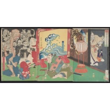Japanischer Druck "Naoyuki Conquers the Old Badger at Fukushima's Mansion" von Tsukioka Yoshitoshi, 月岡芳年 (Tsukioka Yoshitoshi 月岡 芳年)