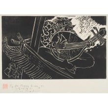 Japanischer Druck "Oni Playing a Biwa" von Matsubara Naoko, 松原直子 (Matsubara Naoko)