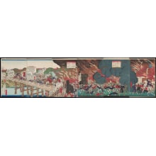 Japanese Print "Battle of Fushimi in Yamashiro Province (Jōshū ni oite Fushimi sensō no zu) and Attack on Bungo Bridge and Kanmon Gate at Fushimi Castle (Fushimi Kanmonguchi Bungobashi shingeki no zu)" by Tsukioka Yoshitoshi, 月岡芳年 (Tsukioka Yoshitoshi 月岡 芳年, Kōsai Toshimitsu 高斎 年充)