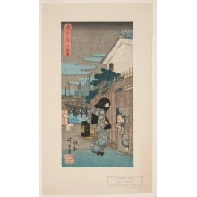 Japanischer Druck "Scene From Act X, O Sono, the Divorced Wife of Gihei, at the Door of His House" von Utagawa Hiroshige, 歌川広重 (Utagawa Hiroshige I 歌川 広重)