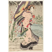 Japanese Print "Geisha Walking along the Sumida River in a Snowstorm" by Keisai Eisen, 渓斉英泉 (Keisai Eisen 渓斉 英泉)