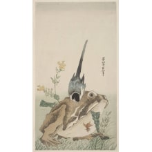 Japanischer Druck "A Bird With A Black Head And Blue-Gray Plumage Standing On The Back Of A Huge Toad" von Unknown, 無款