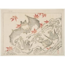 Japanischer Druck "Bats Flying About A Large Piece Of Tufa" von Kawanabe Kyosai, 河鍋暁斎 (Kawanabe Kyosai)
