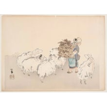 Japanischer Druck "Woman with Five Sheep" von Takeuchi Seiho