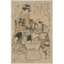 Japanischer Druck "Daikoku And Ebiso Pounding Rice To Make Mochi For New Year's" von Kitagawa Utamaro, 喜多川歌麿 (Kitagawa Utamaro I 喜多川 歌麿)