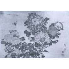 Japanese Print "Chrysanthemums and Bee" by Katsushika Hokusai, 葛飾北斎 (Katsushika Hokusai 葛飾 北斎)