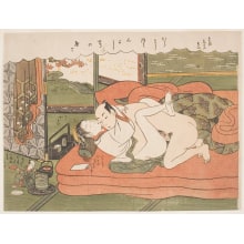 Japanischer Druck "Lovers at the Yoshiwara Pleasure Quarters, scene 23" von Suzuki Harunobu, 鈴木春信 (Suzuki Harunobu 鈴木 春信)