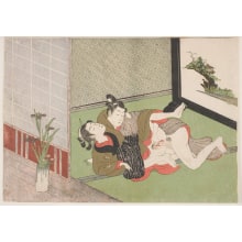 Japanese Print "Lovers and a Vase of Irises" by Suzuki Harunobu, 鈴木春信 (Suzuki Harunobu 鈴木 春信)