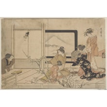 Japanischer Druck "Feeding the Caged Bird" von Kitagawa Utamaro, 喜多川歌麿 (Kitagawa Utamaro I 喜多川 歌麿)