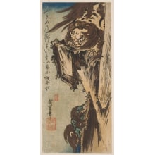 Estampe japonaise "A Female Karashishi Crouching Upon a Ledge" par Utagawa Hiroshige, 歌川広重 (Utagawa Hiroshige I 歌川 広重)