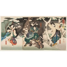 Utagawa Hirosada, 歌川広貞 (Konishi Hirosada)による浮世絵「Kataoka Gado II as Takamara Taro, Nakamura Utaemon IV as Hachiro Tametomo and Arashi Rikaku II as Takama's wife, Isohagi」