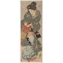 Japanischer Druck "Geisha Opening an Umbrella in a Snowstorm" von Keisai Eisen, 渓斉英泉 (Keisai Eisen 渓斎 英泉)