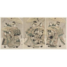 Estampe japonaise "Three Courtesans from Ogiya House with Kamuro Parading in Snow: Michishio with Sumano and Urano; Momoshige with Sonoha and Shigeri; Takamura with Yayoi and Yaeno" par Utagawa Toyokuni I, 歌川豊国 (Utagawa Toyokuni I 歌川 豊国)