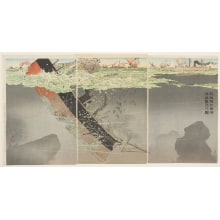 Kobayashi Kiyochika, 小林清親 (Kobayashi Kiyochika 小林 清親)による浮世絵「Picture of Our Naval Forces in the Yellow Sea Firing at and Sinking Chinese Warships」